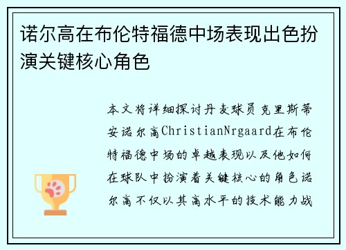 诺尔高在布伦特福德中场表现出色扮演关键核心角色