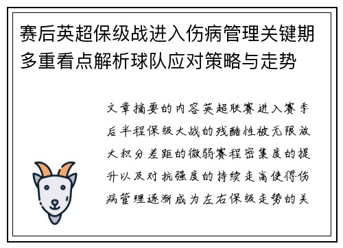 赛后英超保级战进入伤病管理关键期多重看点解析球队应对策略与走势