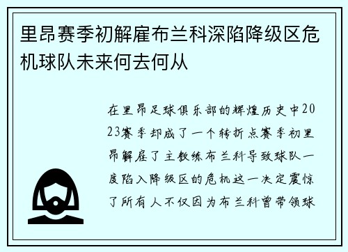 里昂赛季初解雇布兰科深陷降级区危机球队未来何去何从